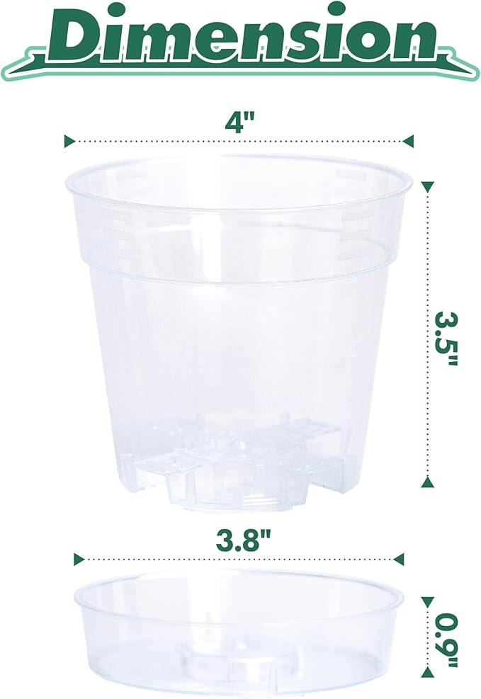 4 Inch Clear Plastic Plant Pot with Drainage Holes, Interlocking & Detachable Tray - Deep Saucer - Durable BPA-Free Plastic, Transparent Design, Raised Base for Airflow, Set of 12, 92-X-B-2