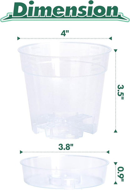 4 Inch Clear Plastic Plant Pot with Drainage Holes, Interlocking & Detachable Tray - Deep Saucer - Durable BPA-Free Plastic, Transparent Design, Raised Base for Airflow, Set of 24, 92-X-C-2