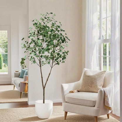 6.89ft Artificial Tree, Faux Eucalyptus Tree with Lifelike Leaves, Fake Eucalyptus Tree with Sturdy Plastic Pot, Artificial Plants for Office Home Living Room Indoor Outdoor Decor