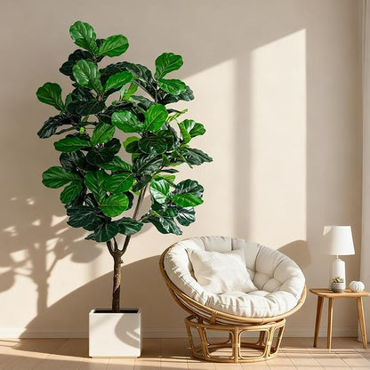 Artificial Fiddle Leaf Fig Tree 7ft with White Planter Realistic Fiddle Leaf Lyrata Plant Tall Fake Tree with Natural-Looking Leaves Fake Tree for Indoor Outdoor Home Office Decor