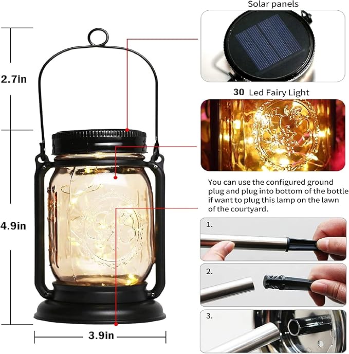 4 Pack Hanging Solar Lantern Lights,Gifts for Woman Mom Grandmom, Vintage Glass Mason Jar Solar Fairy Lights,Outdoor Decorative Waterproof Table Lamp with Stakes for Patio Yard Lawn Tree
