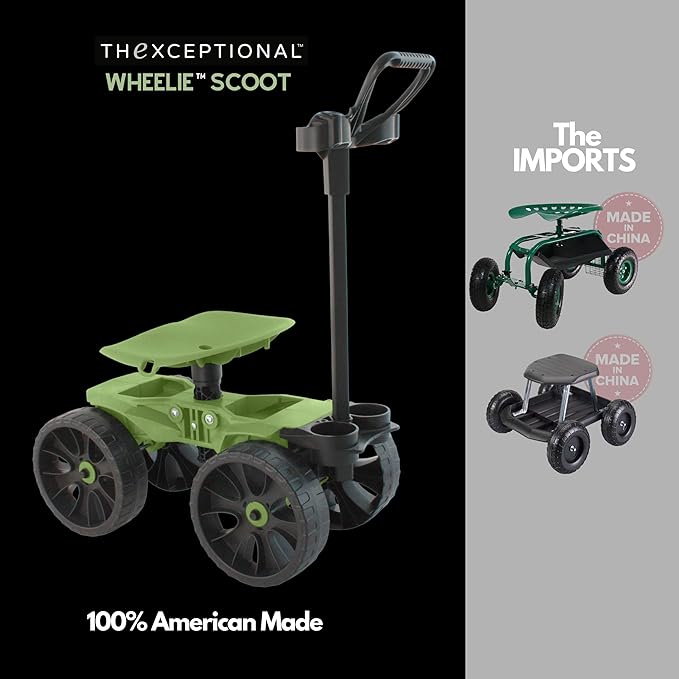 TheXceptional Wheelie with Tool Toter Handle | American Made Rolling Scoot and Tool Rack | Garden Cart with Seat | Made in USA by Vertex | Model EX540