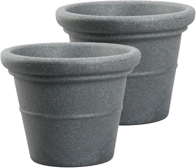 The HC Companies Terrazzo Large Round Plastic Plant Pot w/Rolled Rim - Lightweight & UV Resistant Gardening Pot for Herbs & More - Outdoor & Indoor Plant Pots w/Drainage (20”, Granite, Pack of 2)