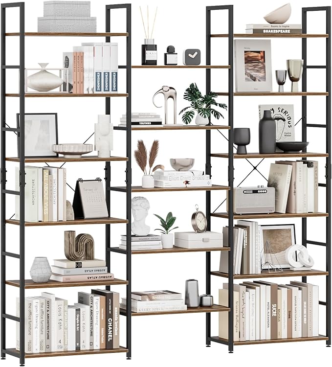 OTK Triple Wide 6 Tier Bookshelf, Rustic Industrial Style Bookcases with 14 Open Display Shelves, Wide Bookshelves for Bedroom, Living Room and Home Office, Rustic Brown