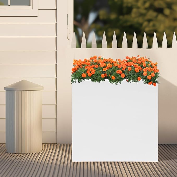 Steel Planter Box Square Indoor Outdoor Planters Large Metal Planter Flower Pot for Garden Patio Deck Yard Commercial Residential (White, 17" L x 17" W x 18" H)