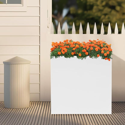 Steel Planter Box Square Indoor Outdoor Planters Large Metal Planter Flower Pot for Garden Patio Deck Yard Commercial Residential (White, 17" L x 17" W x 18" H)