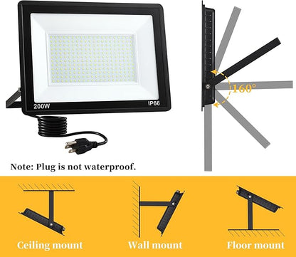 2 Pack 200W LED Flood Lights Outdoor, 25000 LM Super Bright Outdoor Lights, IP66 Waterproof LED Work Light, 6000K Daylight White Floodlights for Stadium Yard Garden Playground