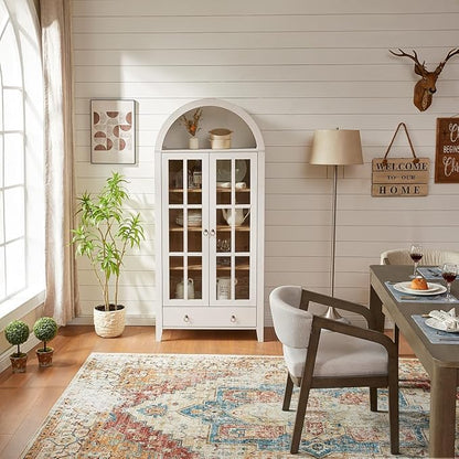 71" Tall Arched Cabinet, Modern Farmhouse Wooden Display Cabinet with Drawer and Glass Doors, 6 Tier Bookshelf w/Adjustable Shelves for Living Room, Office, Antique White