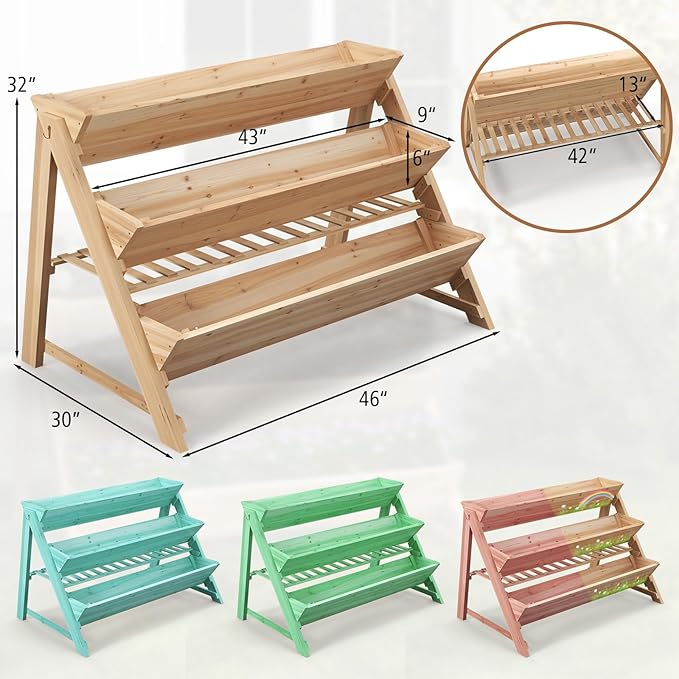 3-Tier Raised Garden Bed, Vertical Garden Planter w/Storage Shelf, Bed Liner & 2 Side Hooks, Wood Elevated Planter Box Outdoor for Plants Vegetables Flowers Herbs,Natural