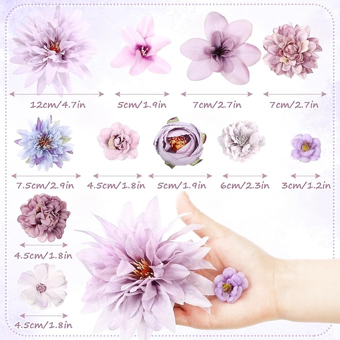 80 Pcs Assorted Fake Flower Heads Mini Artificial Flower Heads Bulk Silk Faux Daisy for Crafts Fake Peony Rose for Wedding Party Wreath Home Decoration(Purple)