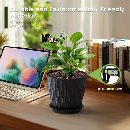 7 inch Plant Pots for Indoor Outdoor Plants, 5 Pack Thick Flower Pots with Drainage Holes and Saucers, 3D Modern Wave Texture Plastic Planter Pots for House Plants, Black