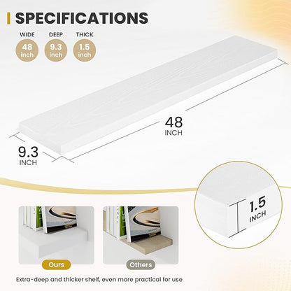 48 Inch Floating Shelves, 9.3" Deep Floating Shelf Wall Mounted, 48" Wall Shelves, Rustic Deep Bookshelf, Large Display Shelves & Storage Shelves for Bedroom, Living Room, White, Set of 1
