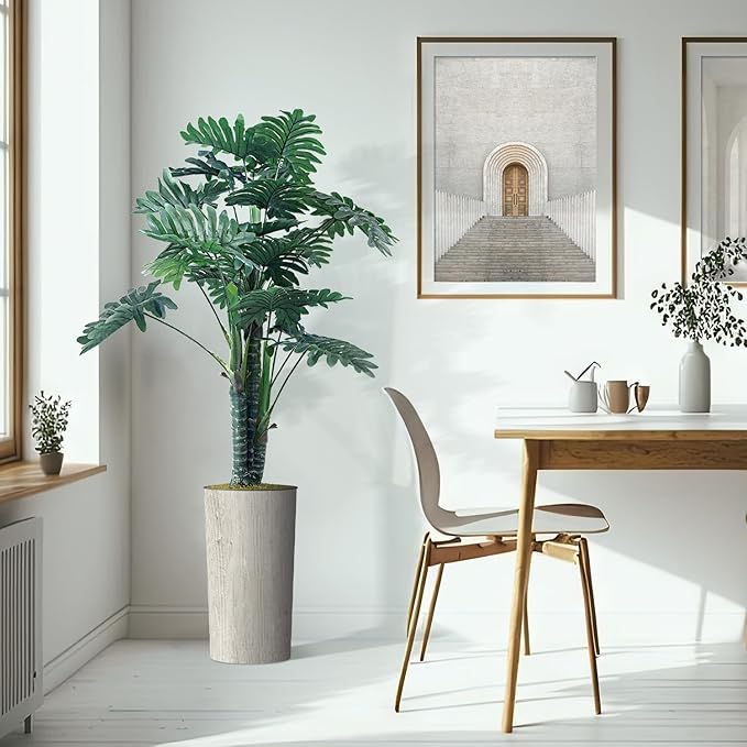 Artificial Tree in Modern Swirl Pattern Planter, Fake Philodendron Tree Silk Tree for Indoor and Outdoor Home Decoration - 70" Overall Tall (Plant Pot Plus Tree)