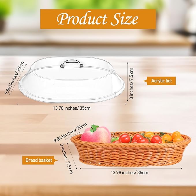 Hushee 2 Set Imitation Rattan Bread Basket with Lid Wicker Bread Baskets for Serving Woven Fruit Basket with Cover Oval Food Baskets for Food Vegetables Display(13.78 x 9.84 Inch)