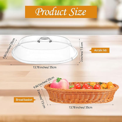 Hushee 2 Set Imitation Rattan Bread Basket with Lid Wicker Bread Baskets for Serving Woven Fruit Basket with Cover Oval Food Baskets for Food Vegetables Display(13.78 x 9.84 Inch)