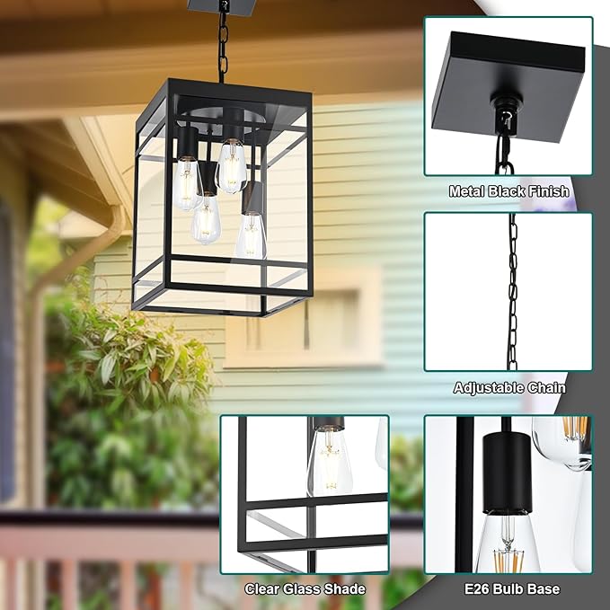 Large Outdoor Pendant Light for Porch, Black Outdoor Hanging Pendant Lighting Fixture, Exterior Linear Chandelier Hanging Lantern for Outside Patio,Front Door