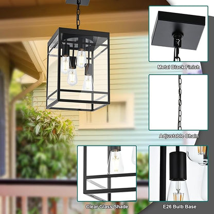 Large Outdoor Pendant Light for Porch, Black Outdoor Hanging Pendant Lighting Fixture, Exterior Linear Chandelier Hanging Lantern for Outside Patio,Front Door