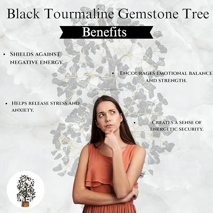 GEMSCITE Black Tourmaline Crystal Tree with Golden Wire – Handmade Gemstone Bonsai for Protection, Grounding & Home Decor