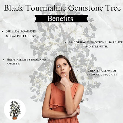 GEMSCITE Black Tourmaline Crystal Tree with Golden Wire – Handmade Gemstone Bonsai for Protection, Grounding & Home Decor