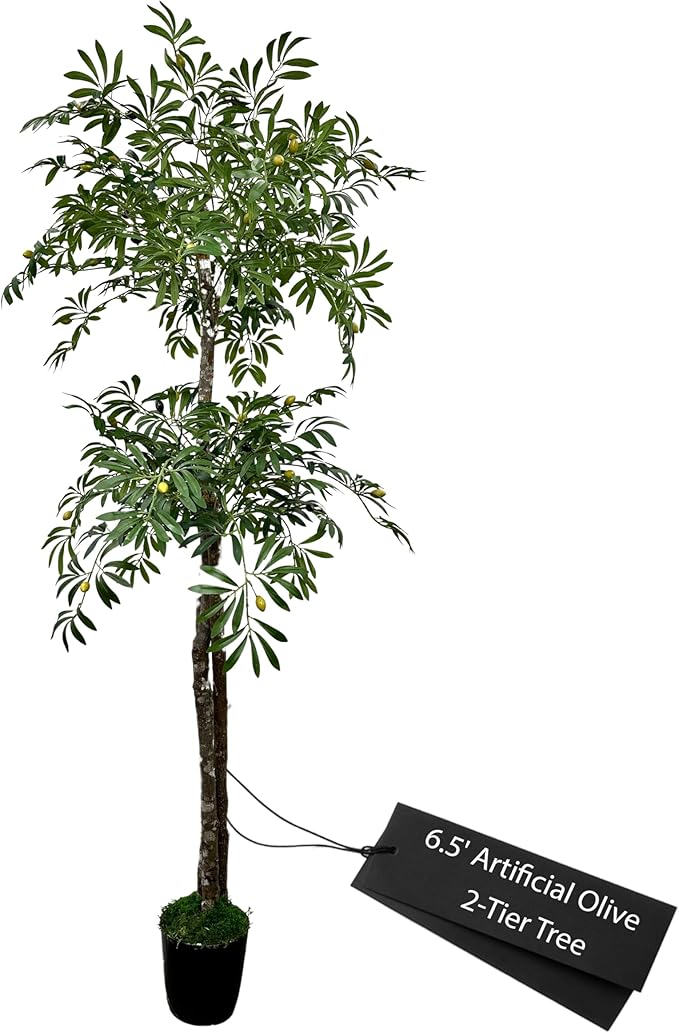 Cypress & Alabaster Handmade 6.5ft Artificial 2-Tier Olive Tree with Real Wood Trunks, Hypoallergenic, 6.5 Foot, Green