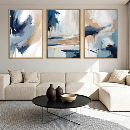Large Blue Abstract Wall Art Framed Modern Artwork Neutral Wall Decor for Living Room Bedroom Office 16x24 Inch Set of 3