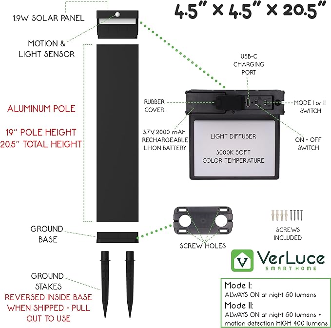 Solar Pathway Lights - Walkway Solar Lights for Outside - PIR Sensor & Two Lighting Modes - Rechargeable Battery Lasts Up To 55 Hours - 3000K - IP44 Weather Resistant - 4 Pack - 20.5" Height
