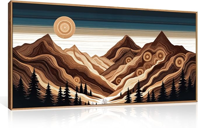 Large Abstract Mountain Woodcut Framed Canvas Wall Art,Modern Tree Ring Wall Decor,Sunrise Ridge Scenery Painting,Retro Desert Artwork for Living Room,Bedroom,Dining Room,Office -20"x40"x1
