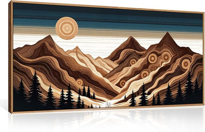 Large Abstract Mountain Woodcut Framed Canvas Wall Art,Modern Tree Ring Wall Decor,Sunrise Ridge Scenery Painting,Retro Desert Artwork for Living Room,Bedroom,Dining Room,Office -20"x40"x1
