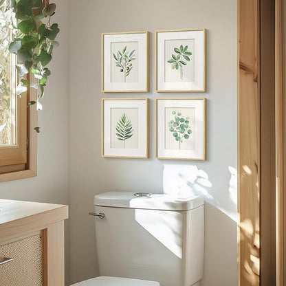 Framed Sage Green Botanical Wall Art for Bathroom, Farmhouse Plant Artwork for Bathroom Decor, 4 Piece Minimalist Vintage Leaf Picture Prints for Bedroom Kitchen Living Room Wall Decor, 8x10 Inch