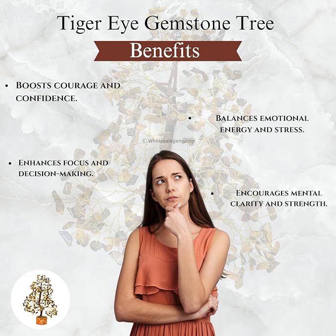 GEMSCITE Tiger Eye Crystal Tree with Golden Wire – Handcrafted Feng Shui Gemstone Bonsai for Energy & Protection