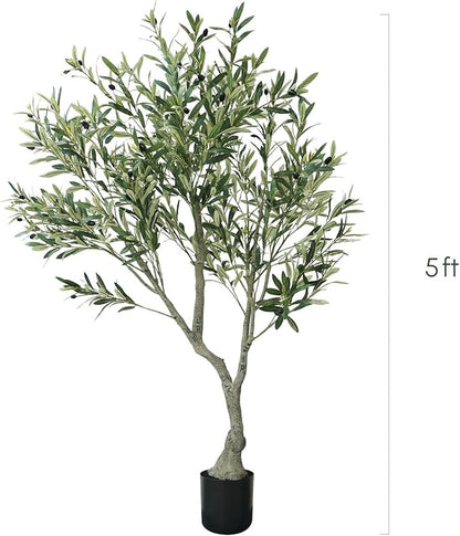 Artificial Olive Tree 5ft - Faux Tree Nearly Natural Indoor Outdoor, UV-Resistant Tall Artificial Plants, Standing Fake Plant Tree, Large Fakeplant for Home Office Living Room Decor