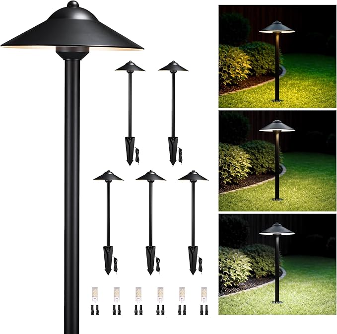 Gardenreet Brass low voltage pathway lights - 3 Color Temp Selectable Black 12V Path Light Waterproof, Wired Outdoor LED Landscape Area Lighting for Garden Walkway with 3W 270LM 2700K G4 Bulb (6 Pack)