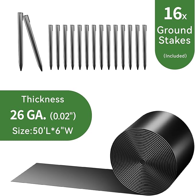 Worth Galvanized Steel Landscape Edging 6" x50' Metal Garden Edging Roll Flexible Bender Border with 16Pcs Stakes for Lawn, Flower Bed Edges, Black
