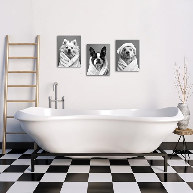 AoArtWZ Black and White Dogs Canvas Wall Art Funny Animal Chihuahua Labrador in Bathrobe Painting Picture Artwork Prints for Home Bathroom Decor Framed 12"x16"x3 Pcs