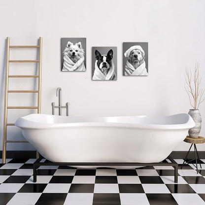 AoArtWZ Black and White Dogs Canvas Wall Art Funny Animal Chihuahua Labrador in Bathrobe Painting Picture Artwork Prints for Home Bathroom Decor Framed 12"x16"x3 Pcs