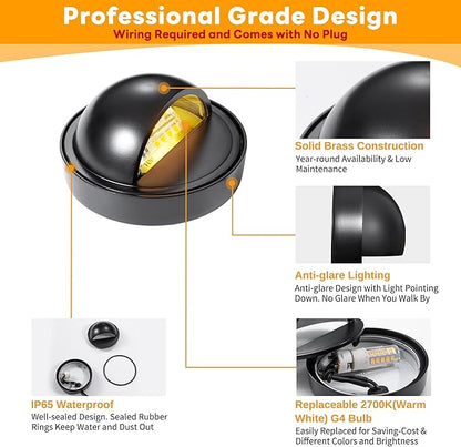 Gardenreet Solid Brass Deck Light - Low Voltage LED Step Light Outdoor, Landscape 12V Hardwired Waterproof, Round Black Lighting for Stair Fence Wall Yard with 2700K Warm White G4 Bulb