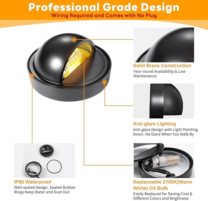 Gardenreet Low Voltage LED Deck Lights - Solid Brass Landscape Step Lights, Outdoor 12V Hardwired IP65 Waterproof, Black Round for Stair Patio Wall Yard with 2700K Warm White G4 Bulb 4 Pack