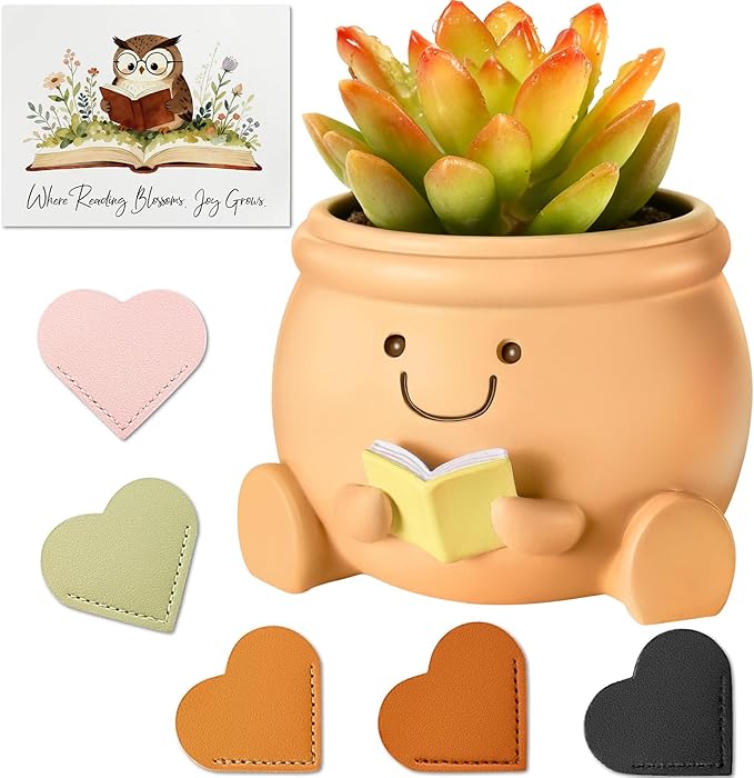 Book Lover Gift Set- Cute Reading Planter Pot with 5 Heart Leather Bookmarks & Quote Card, Cozy Desk Decor for Teacher, Librarian, Women, Mom, Friend, Colleague