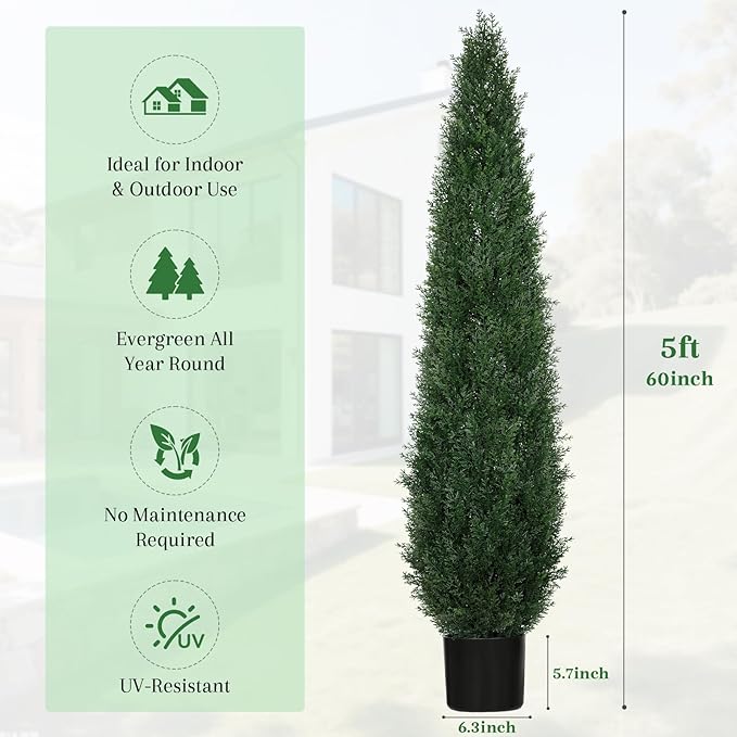 5FT Artificial Cedar Topiary Trees, 2 Pack UV Resistant Outdoor Indoor Faux Evergreen Shrubs, Potted Fake Cypress Plants for Front Porch Home Office Decor