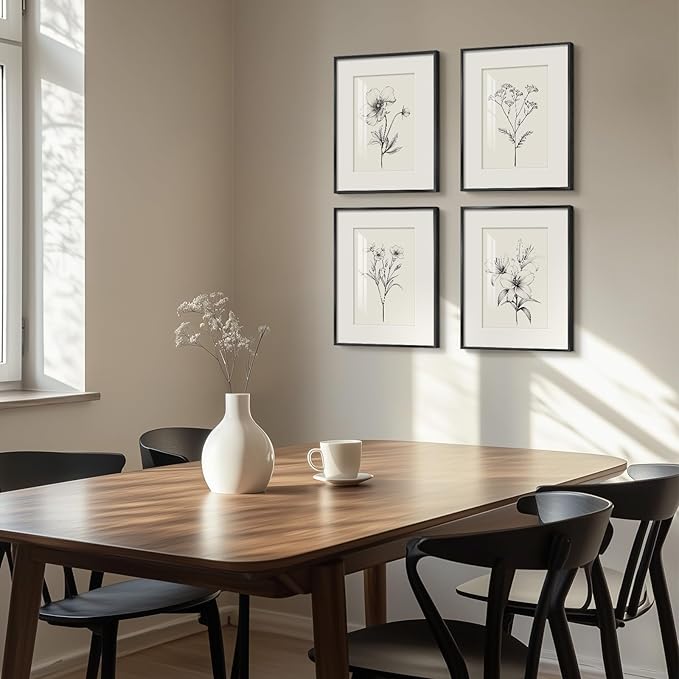 Framed Black and White Floral Wall Art for Living Room, Set of 4 Farmhouse Vintage Botanical Painting Print Wall Decor, Minimalist Rustic Artwork for Bedroom Bathroom Hallway Kitchen Walls, 12x16 Inch