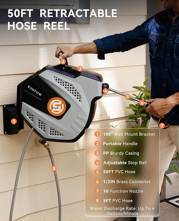SUNPOW Retractable Garden Hose Reel - 1/2 inch x 50ft Wall Mounted Hose Reel with 3/4 inch Brass Fitting & 10 Function Sprayer Nozzle - Any Length Lock, Auto Rewind System, 180°Swivel Bracket - Grey
