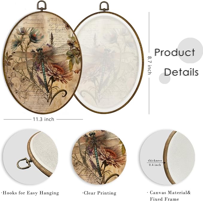 MAQIKA Vintage Dragonfly Oval Framed Wall Art Decor, Dragonfly Wall Decor, Dragon Fly Botanical Oval Wall Hanging Decor, Retro Dragonflies Canvas Prints Wall Art for Bedroom Living Room, 8.7x11.3 Inch