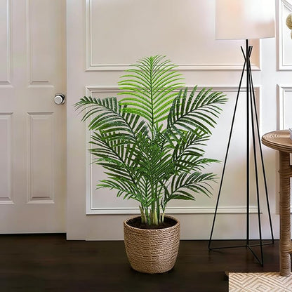 Artificial Palm Tree Indoor, 3.5FT Tall Faux Plants, Fake Tropical Silk Floor Plant with White Planter, Faux Areca Palm Plant Artificial Tree in Pot for Home Room Office Outdoor Patio Decor