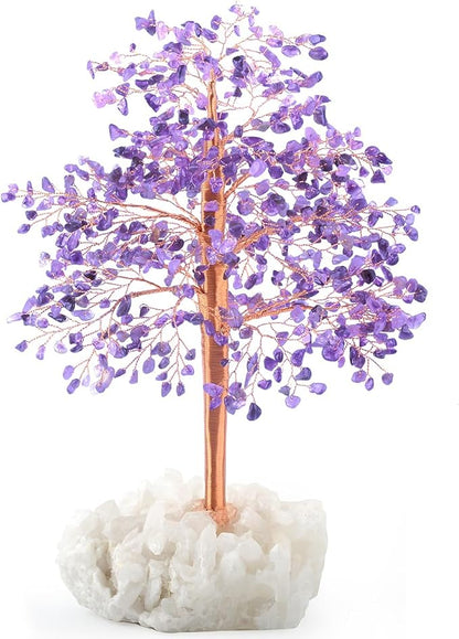 Natural Amethyst Gemstone Crystal Tree of Life, Clear Quartz Base, Chakra Money Bonsai Feng Shui, Positive Energy Healing Crystals Home Decor, Spiritual Gifts Size 10-11