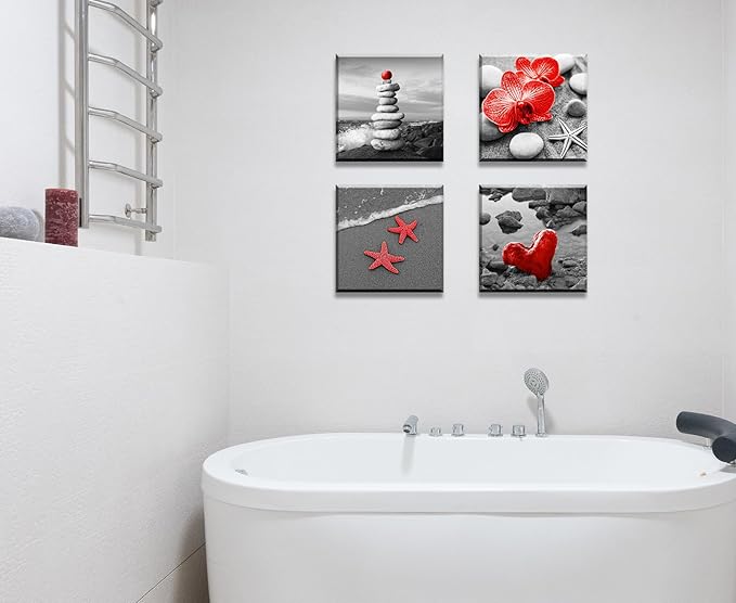 Red Beach Coastal Wall Art Ocean Seascape Painting Prints for Bathroom Decor Zen Ocean Scenery Pictures for Living Room Bedroom Decoration Framed Artwork Ready to Hang 12x12 Inch