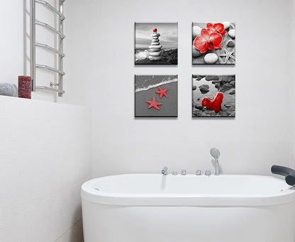 Red Beach Coastal Wall Art Ocean Seascape Painting Prints for Bathroom Decor Zen Ocean Scenery Pictures for Living Room Bedroom Decoration Framed Artwork Ready to Hang 12x12 Inch