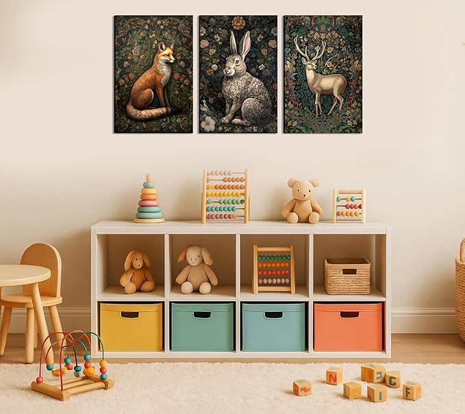 3Pcs Forest Animal Canvas Wall Art Fox Rabbit Deer Painting Pictures Wall Decor Wildlife Animal Posters Prints Dark Gothic Botanical Floral Artwork for Office Bedroom Home Decoration 12x16in