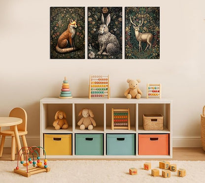 3Pcs Forest Animal Canvas Wall Art Fox Rabbit Deer Painting Pictures Wall Decor Wildlife Animal Posters Prints Dark Gothic Botanical Floral Artwork for Office Bedroom Home Decoration 12x16in