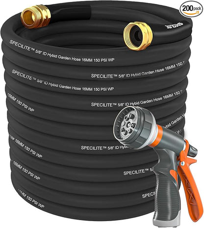 SPECILITE Garden Water Hose 200 ft x 5/8 in Heavy Duty, Flexible and Lightweight, Burst 600 psi, Kink-less Hybrid Rubber Pipe for Backyard, 3/4'' Brass Fittings, Black