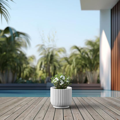 Kante Round Fulted Planter, 14 Inch Dia Large Concrete Plant Pots with Drainage Hole and Rubber Plug, Modern Decor for Indoor Outdoor Plants, Flower, White